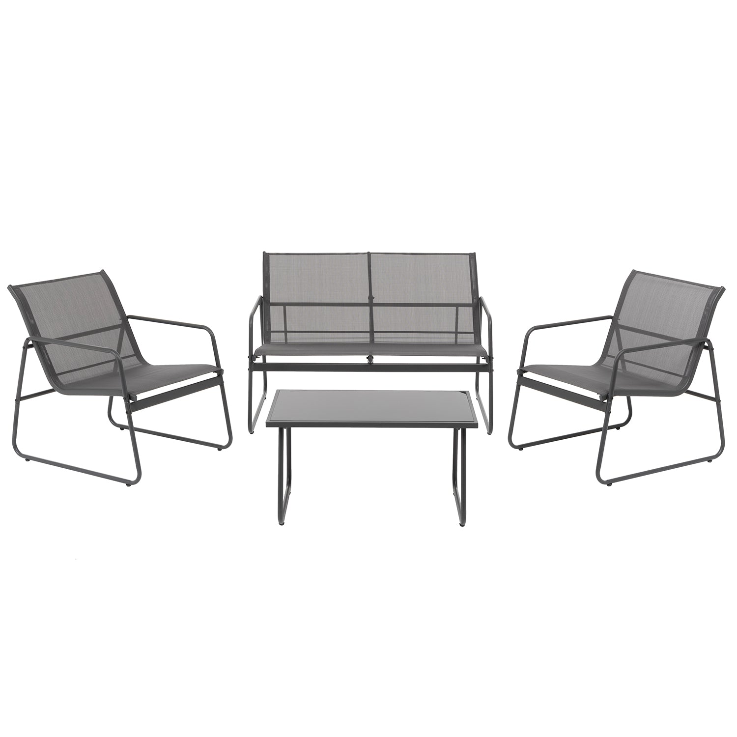 VESTIAMO CASA GIARDINO - Set da giardino 4 pezzi struttura in acciaio Antracite e Tessuto Antracite - Formato da 1 panchina, 2 poltrone e 1 tavolino